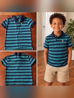 U.S. Polo Assn Boys Striped Polo Shirt – Green & Navy – Short Sleeve Casual Tee